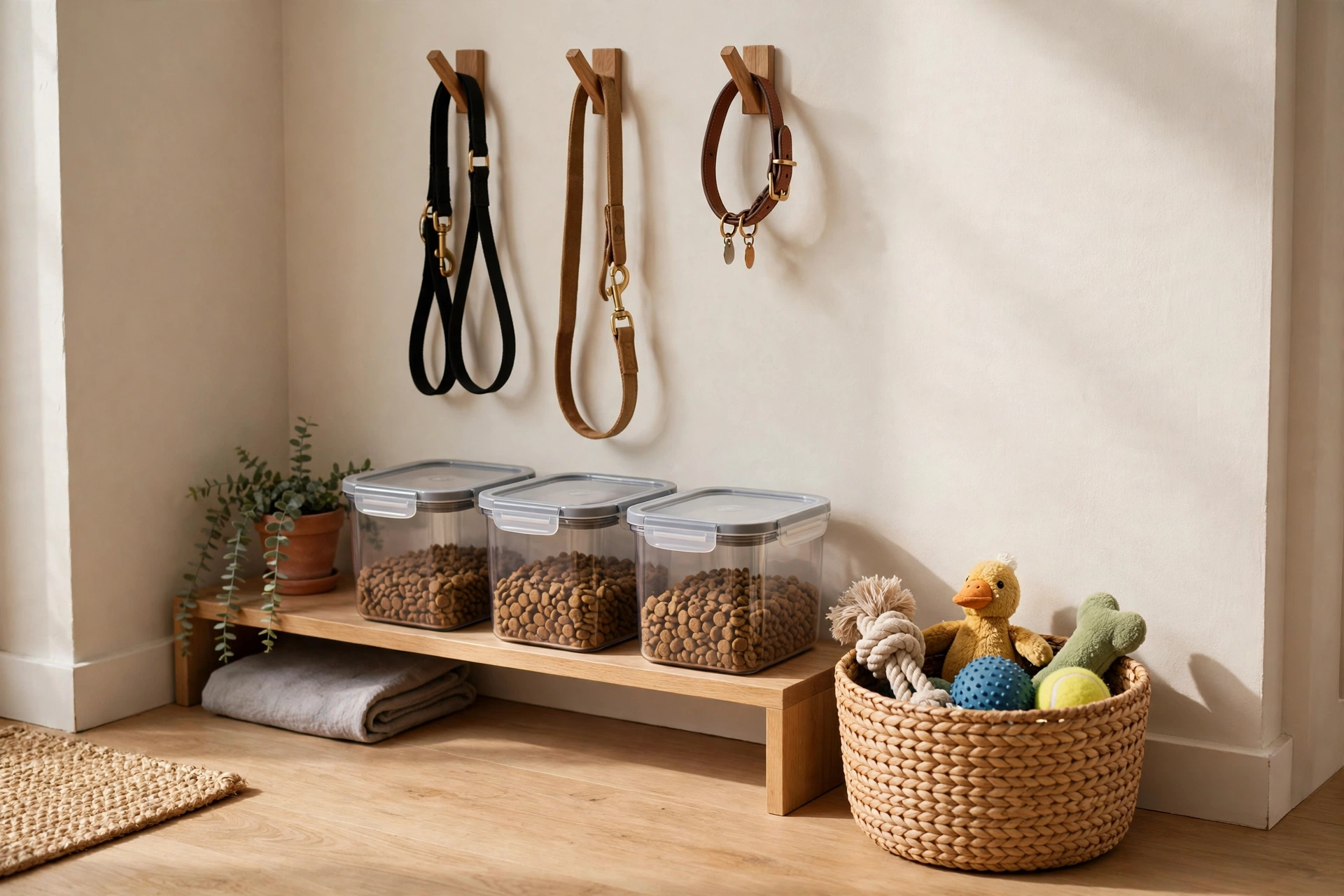 Tidy small apartment corner with pet food storage bins, a toy basket and leashes on wall hooks