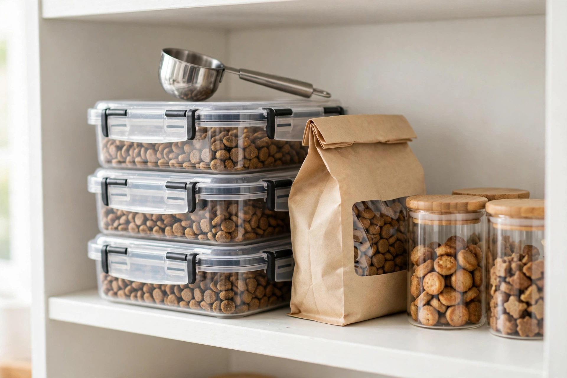 Stacked clear airtight pet food containers on a tidy pantry shelf with a measuring scoop
