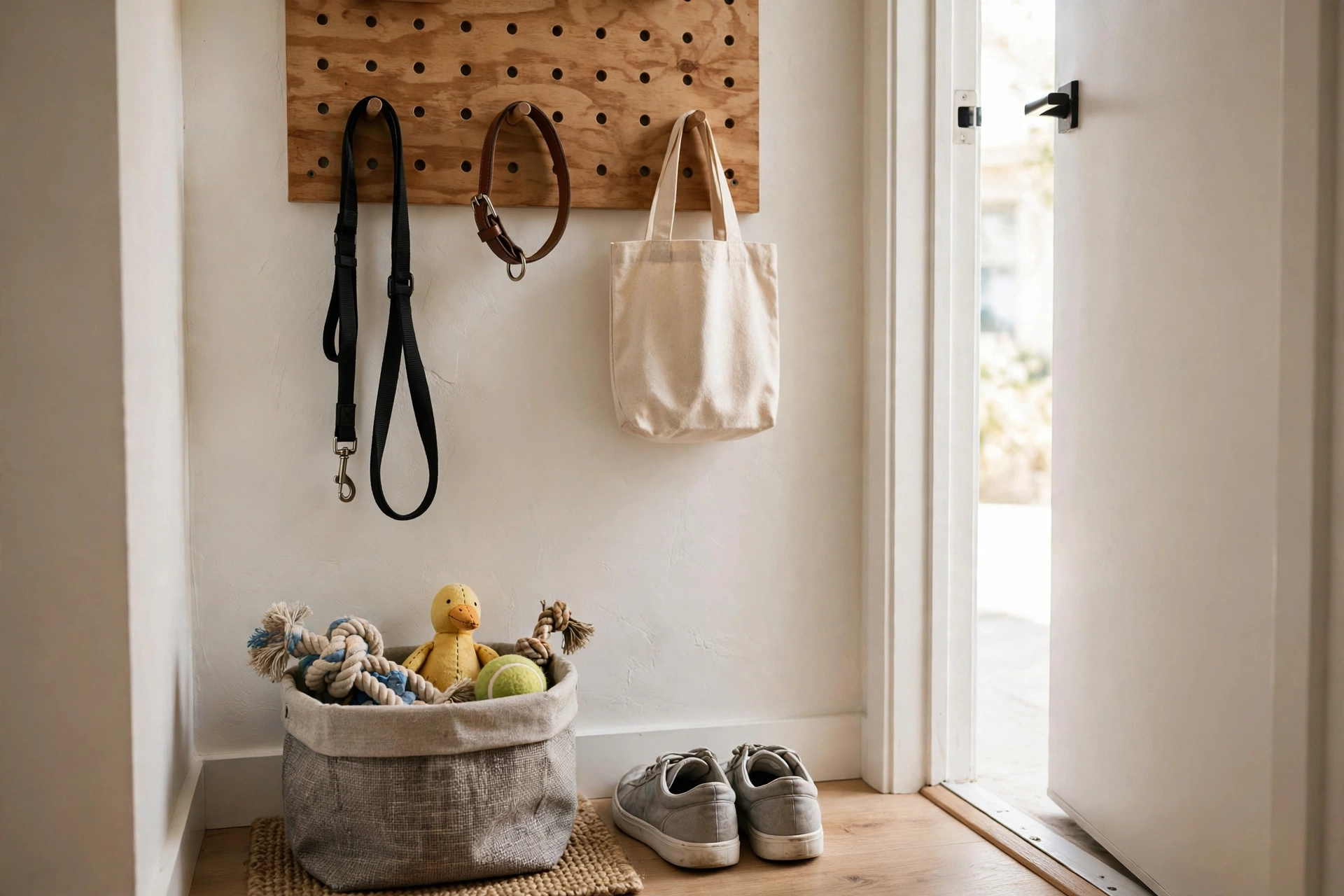 Small apartment entryway pet station with a wall pegboard holding leashes and a toy basket below