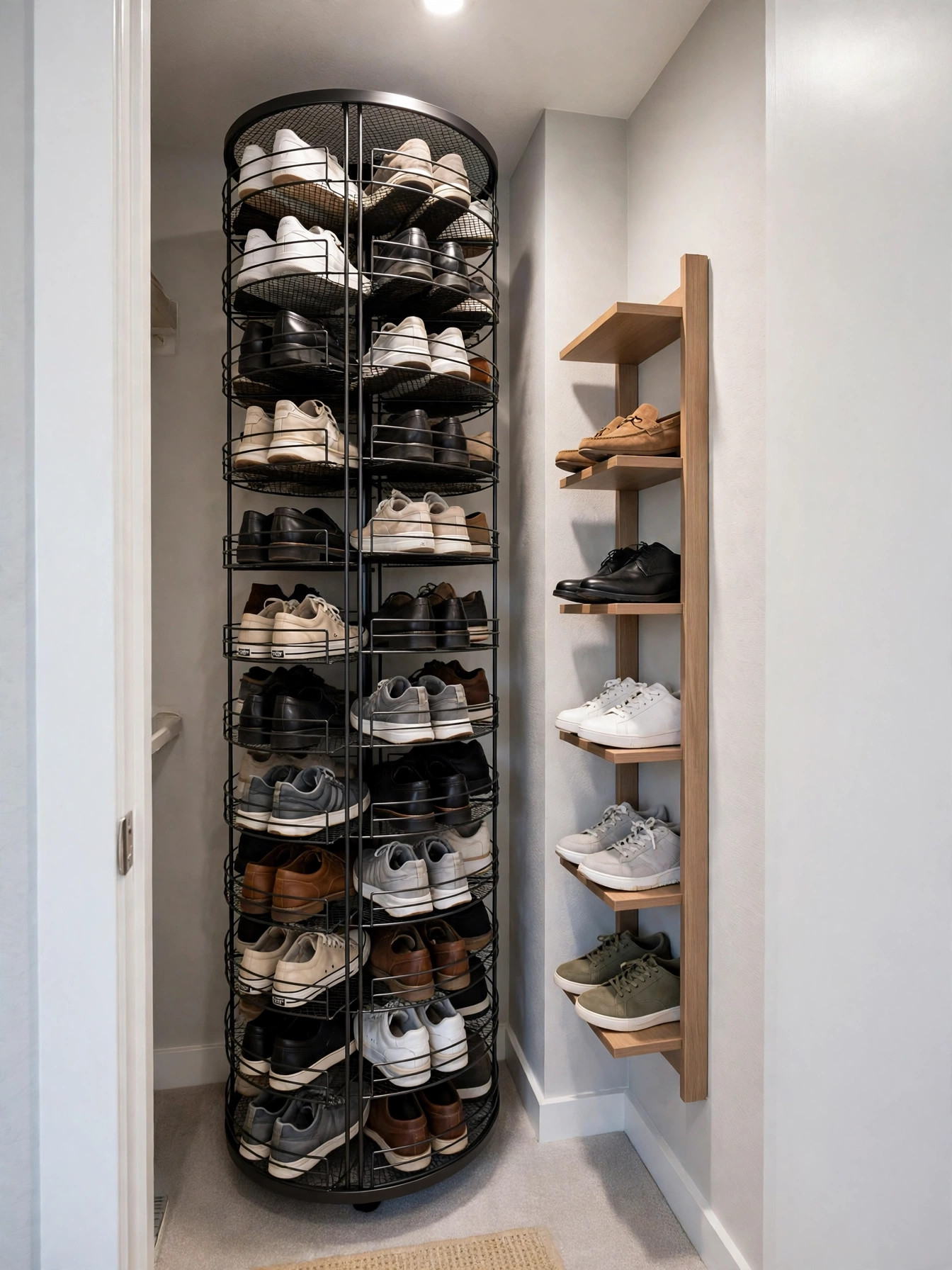 Narrow bedroom closet corner with a tall rotating shoe tower organizer and a slim vertical shoe shelf, bright and tidy
