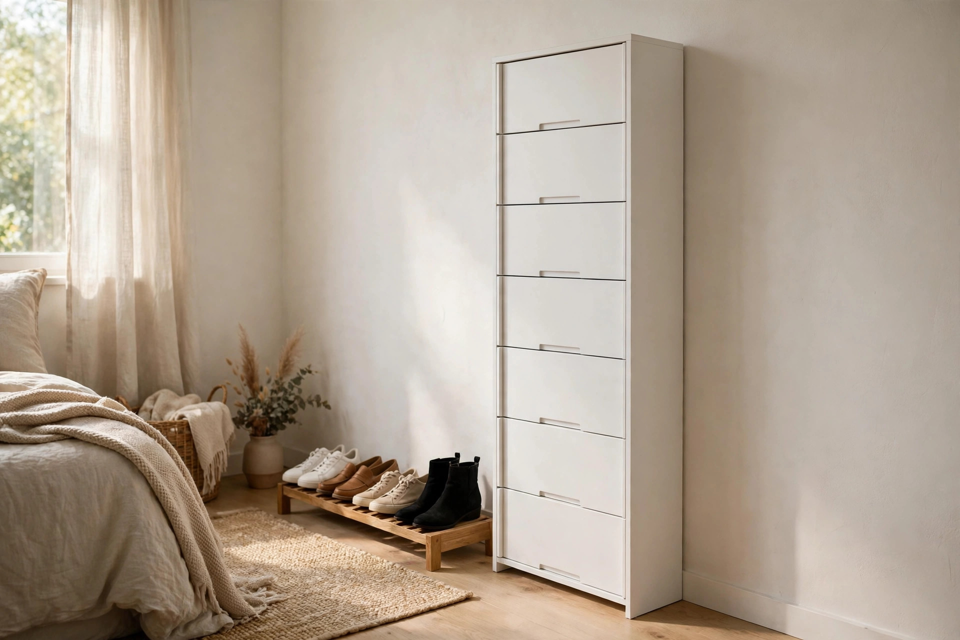 Cozy small bedroom corner with a slim white flip-door shoe storage cabinet and shoes neatly arranged on a low wooden bench
