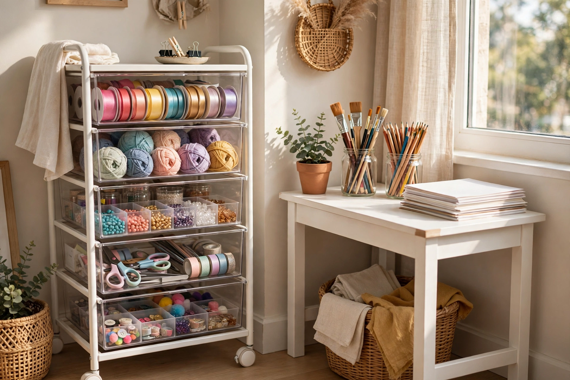 Bright small craft corner with a rolling clear-drawer cart full of neatly sorted colorful craft supplies beside a small desk