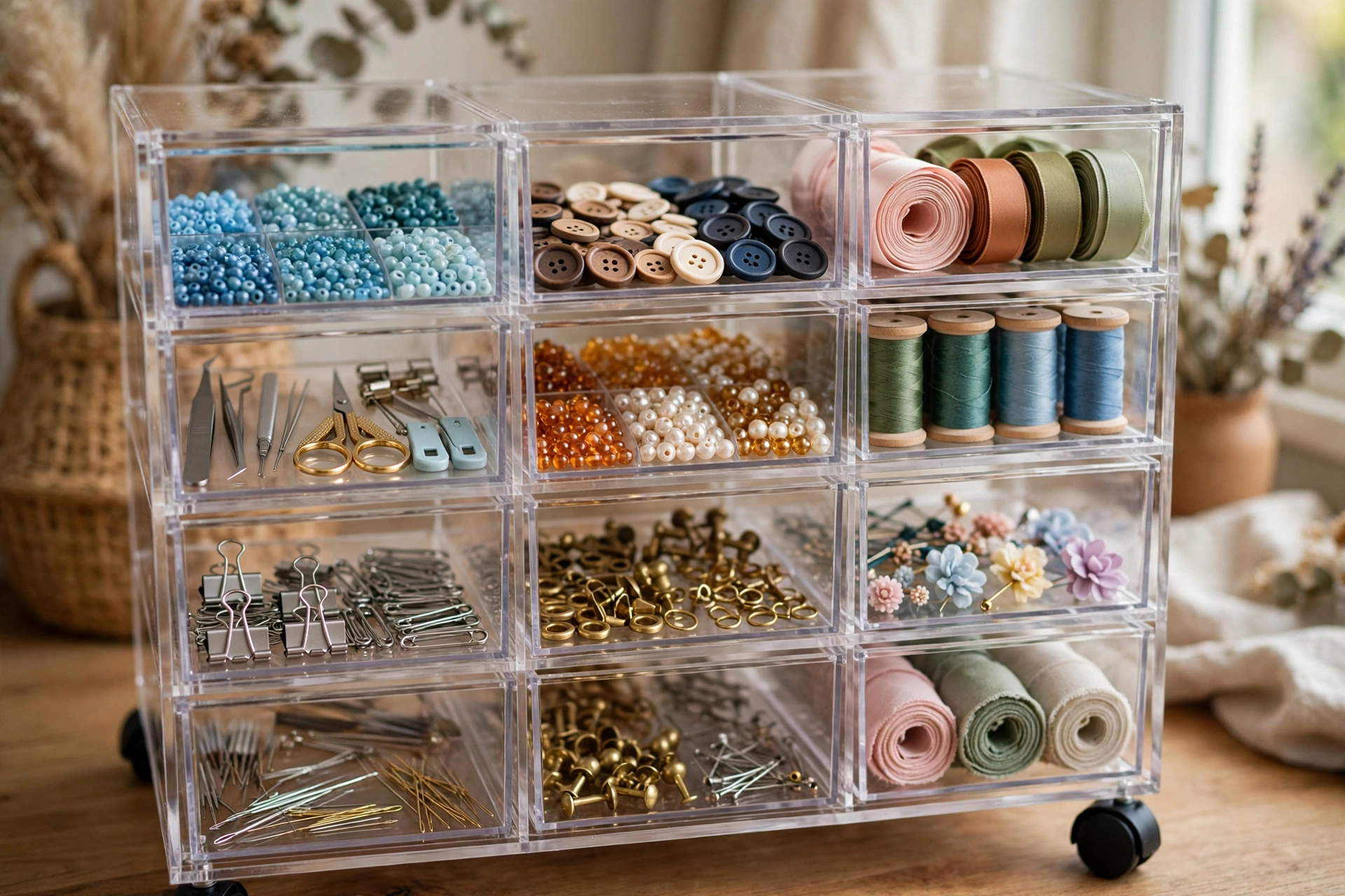 Close-up of a clear plastic drawer cart with neatly sorted beads, buttons, ribbons and thread spools in a small craft nook