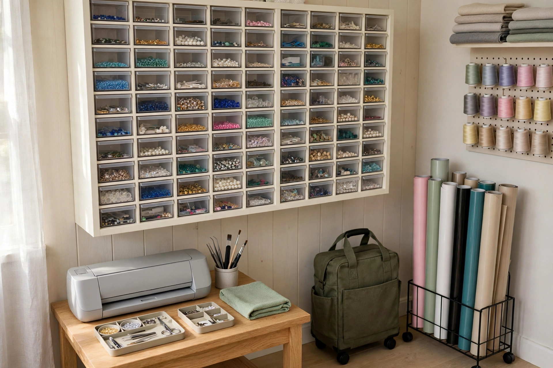 Tidy small craft room corner with a wall-mounted small-parts cabinet, a rolling tote and a vinyl-roll rack beside a compact worktable
