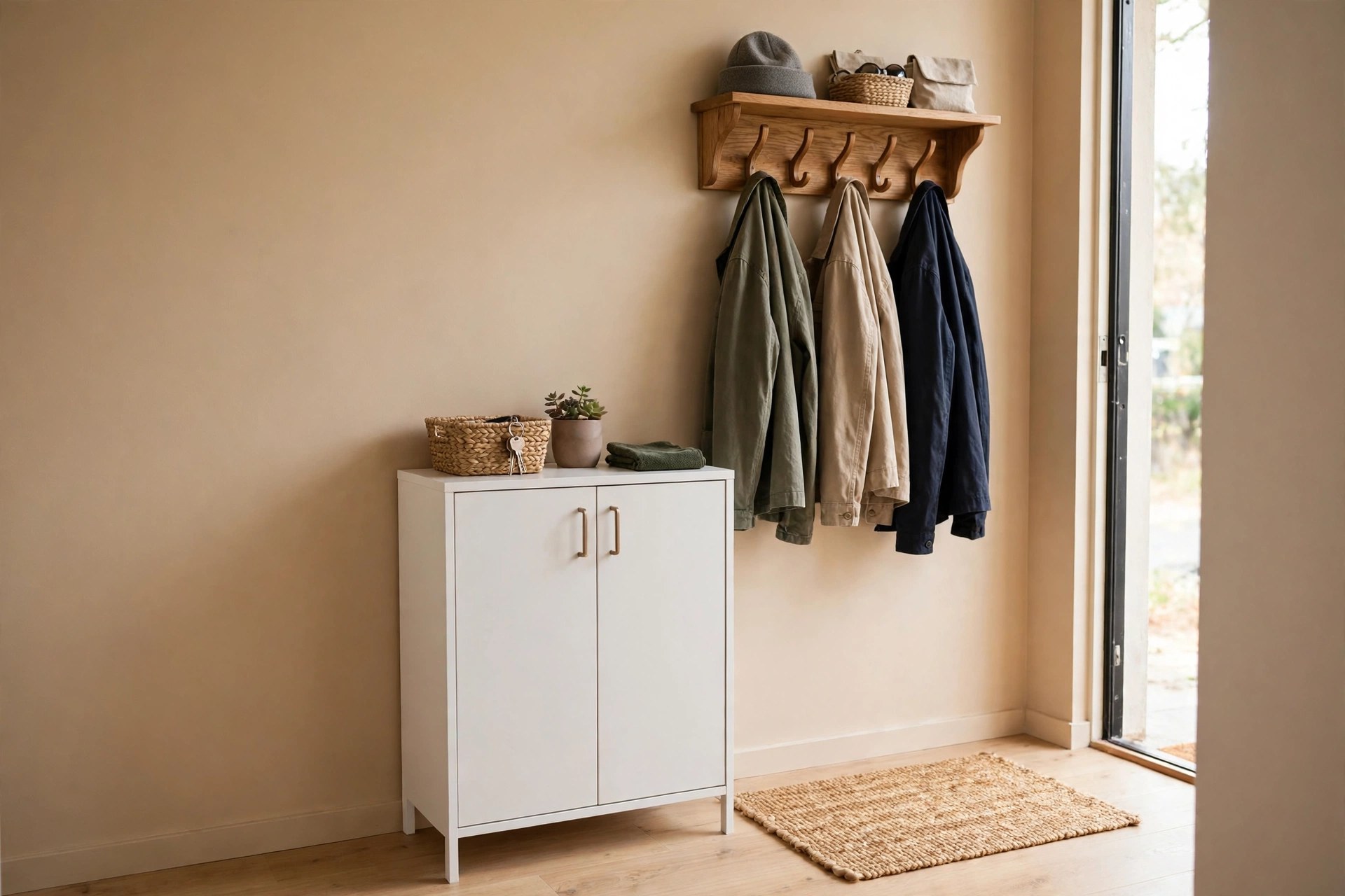 Tidy small apartment entryway with a slim white shoe cabinet, wooden wall-mounted coat rack with shelf, jackets on hooks, and a woven key basket