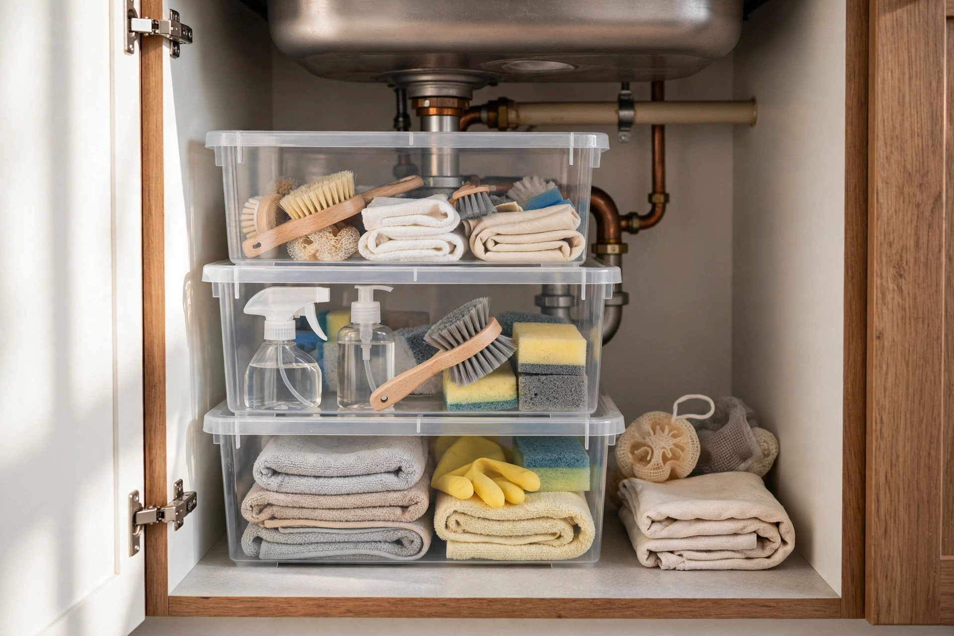 Organized under-sink cabinet with stackable clear storage bins