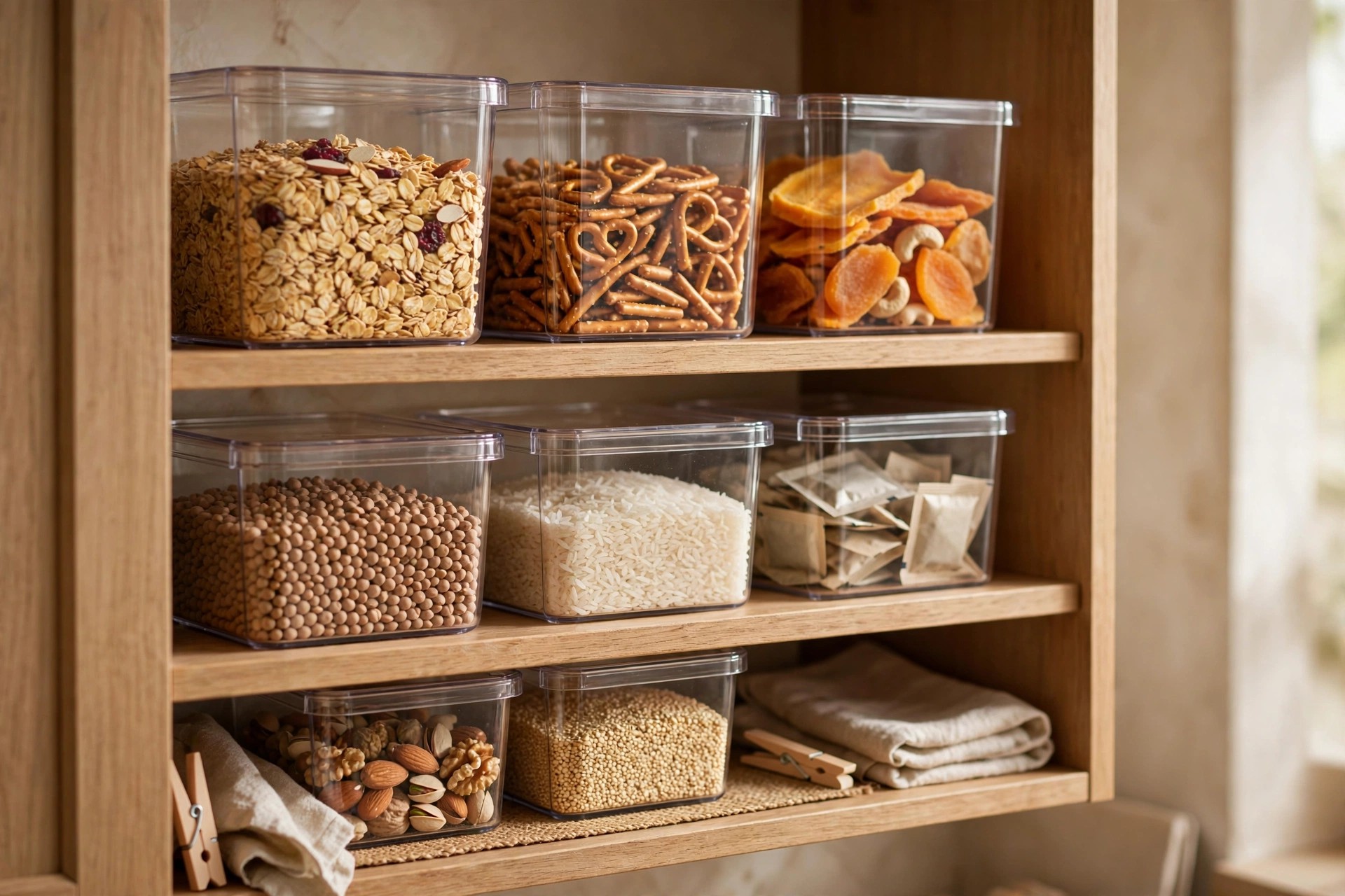 Organized small pantry shelves with clear plastic bins, airtight canisters and can racks