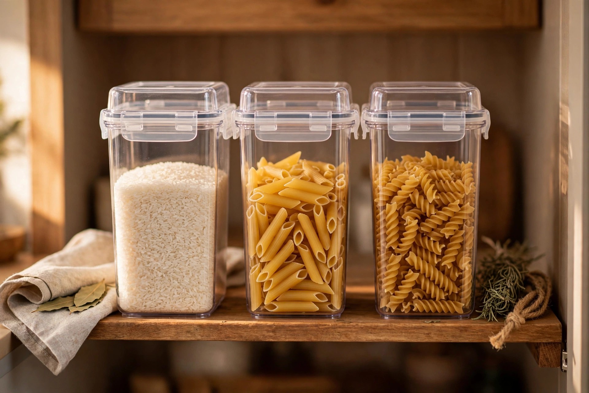 Clear stackable kitchen pantry containers with dry goods on a small cabinet shelf