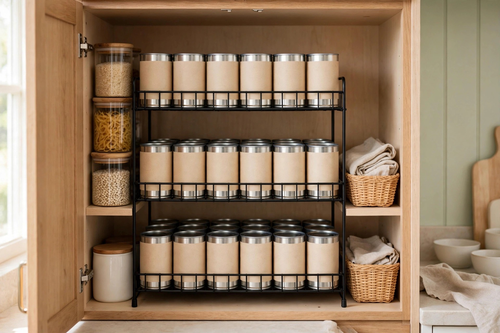 Tiered can rack organizer with neat rows of canned goods in a small pantry cabinet