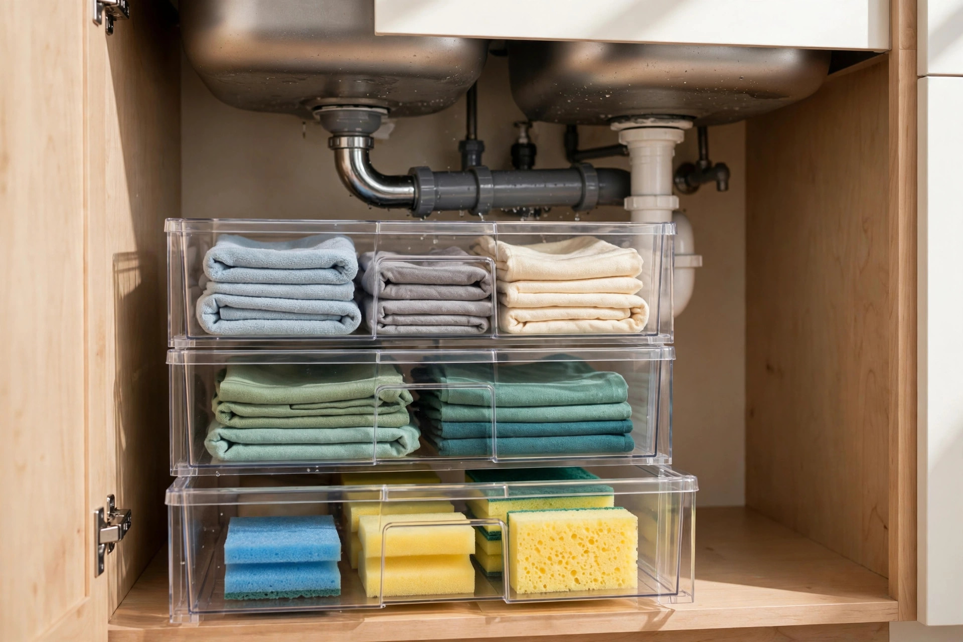 Stackable clear drawers organizing an under-sink cabinet