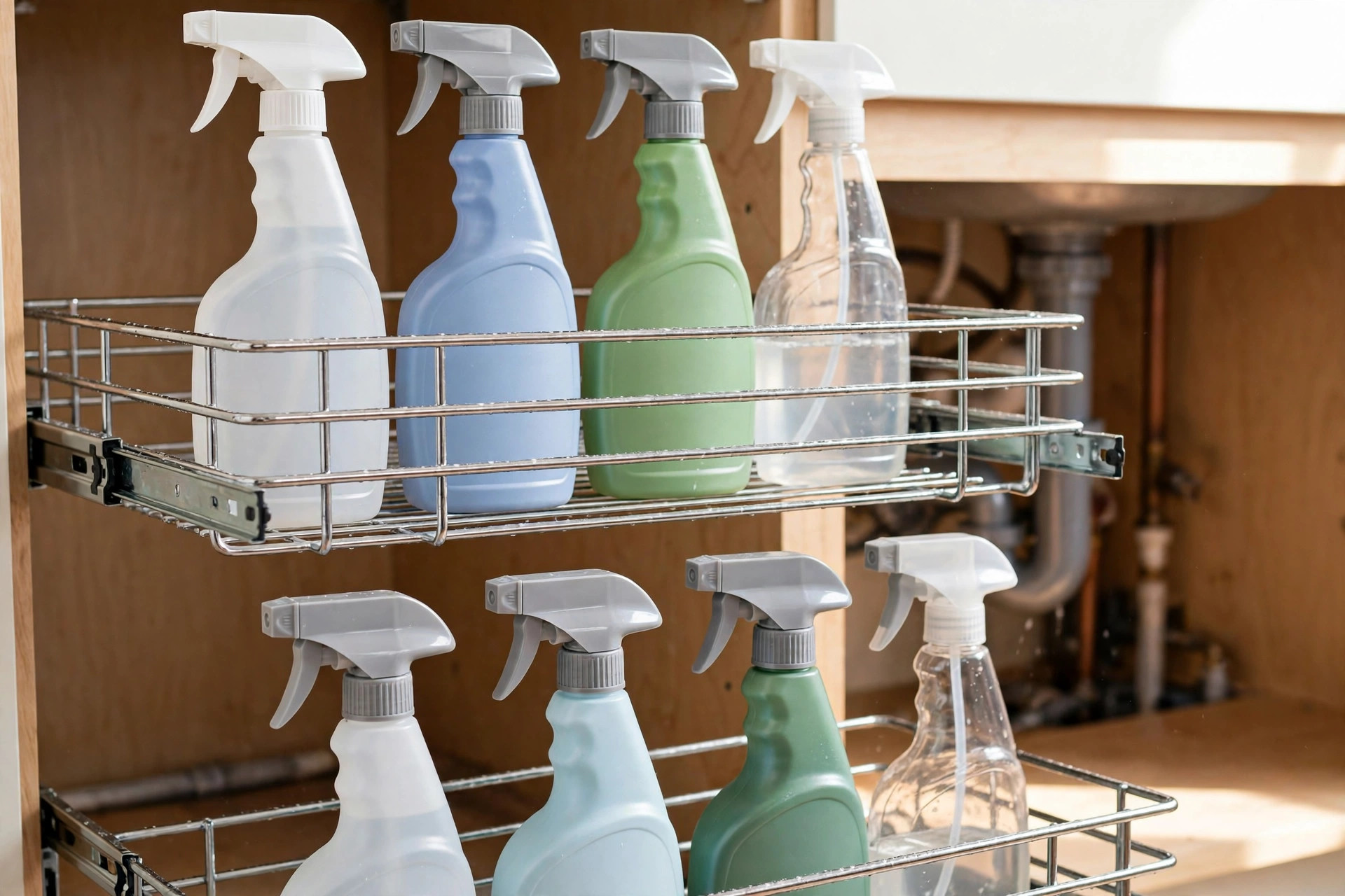 Pull-out metal organizer holding cleaning bottles under a kitchen sink