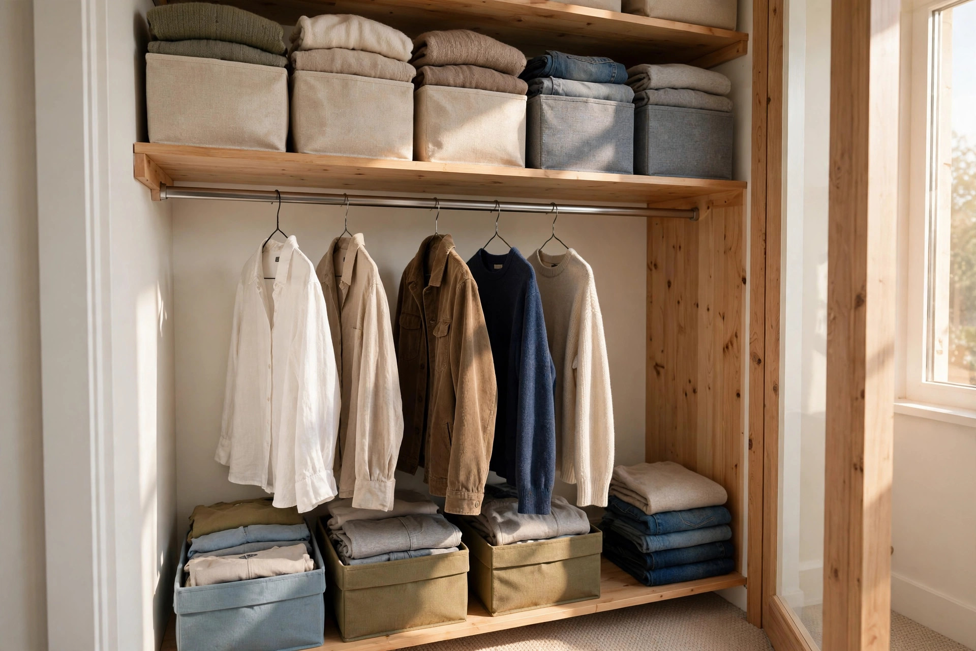 Organized small closet with storage bins and slim hangers