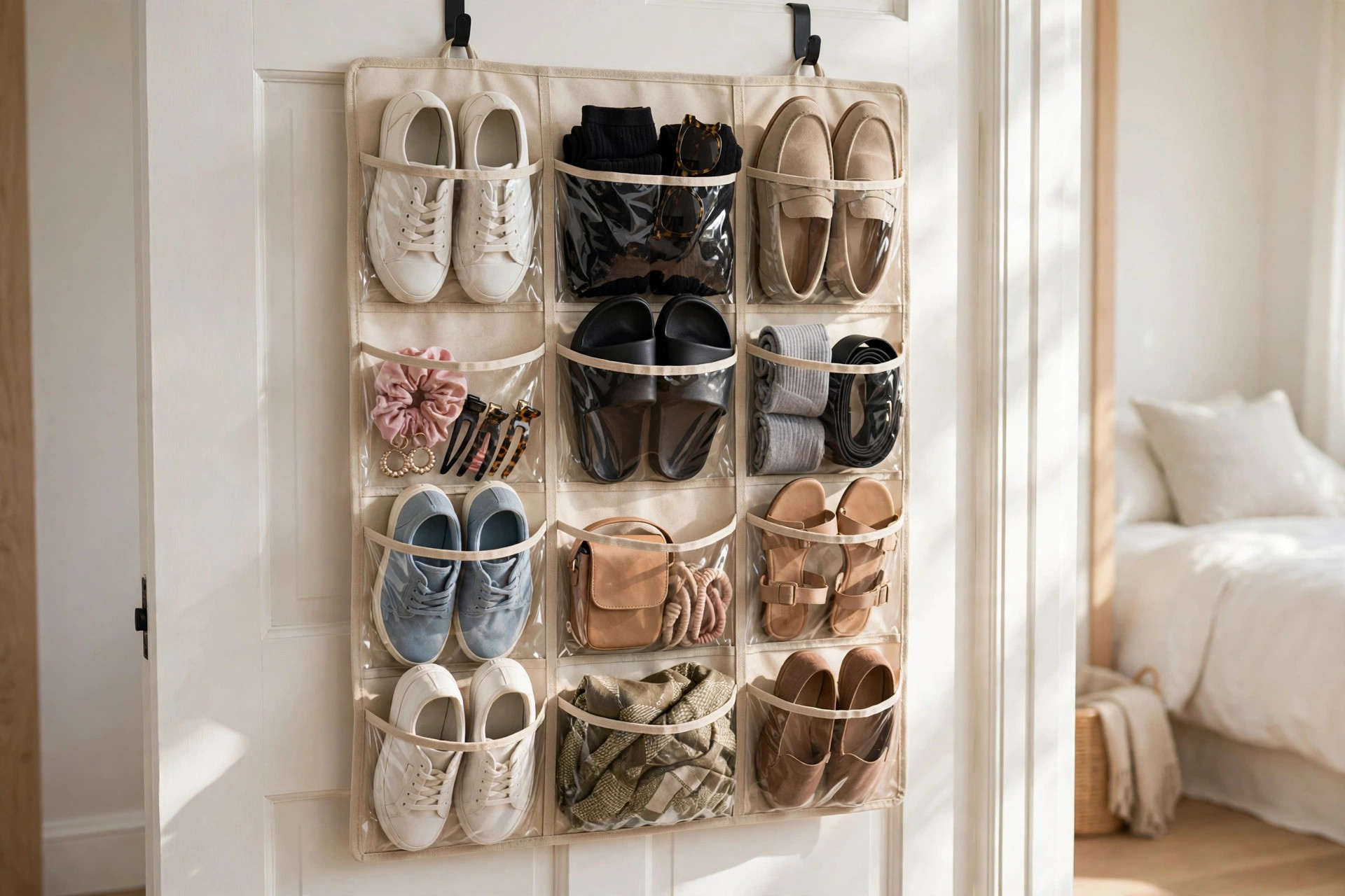 Over-the-door organizer with clear pockets on a bedroom door