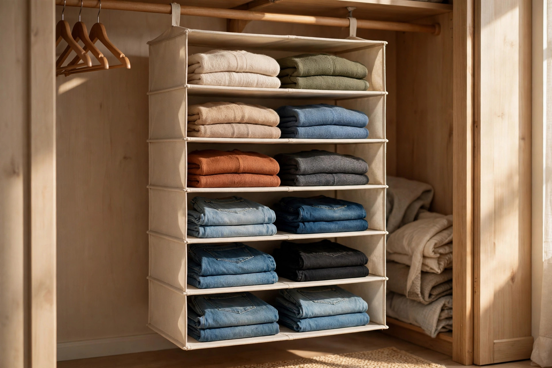 Six-shelf hanging closet organizer holding folded sweaters and jeans