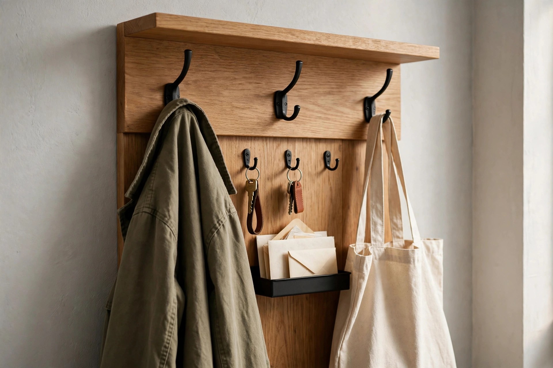 Wall-mounted wooden entryway organizer with coat hooks, key hooks and a small mail tray holding keys and envelopes