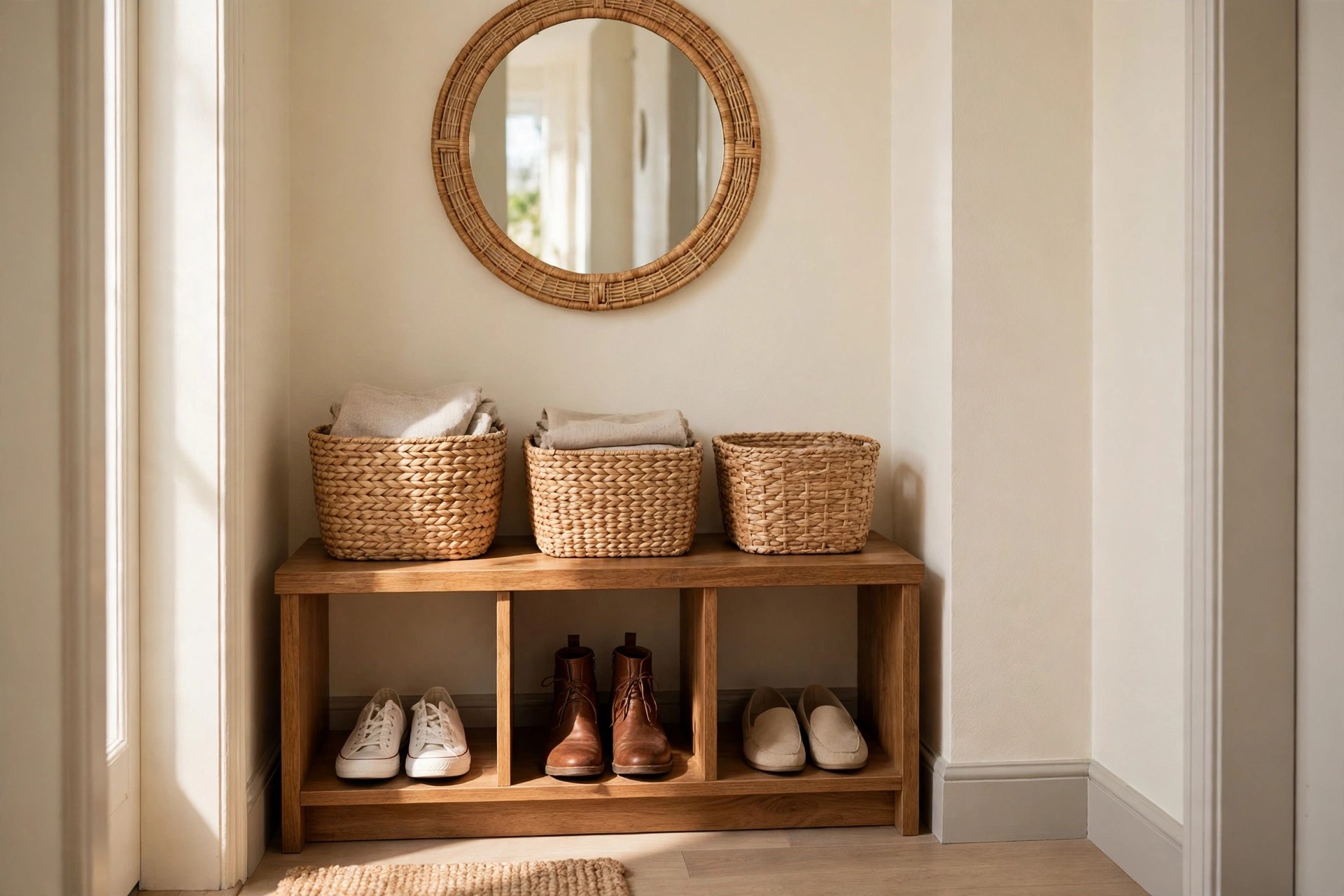 Wooden entryway storage bench with open cubbies holding pairs of shoes and woven baskets beneath a round rattan mirror