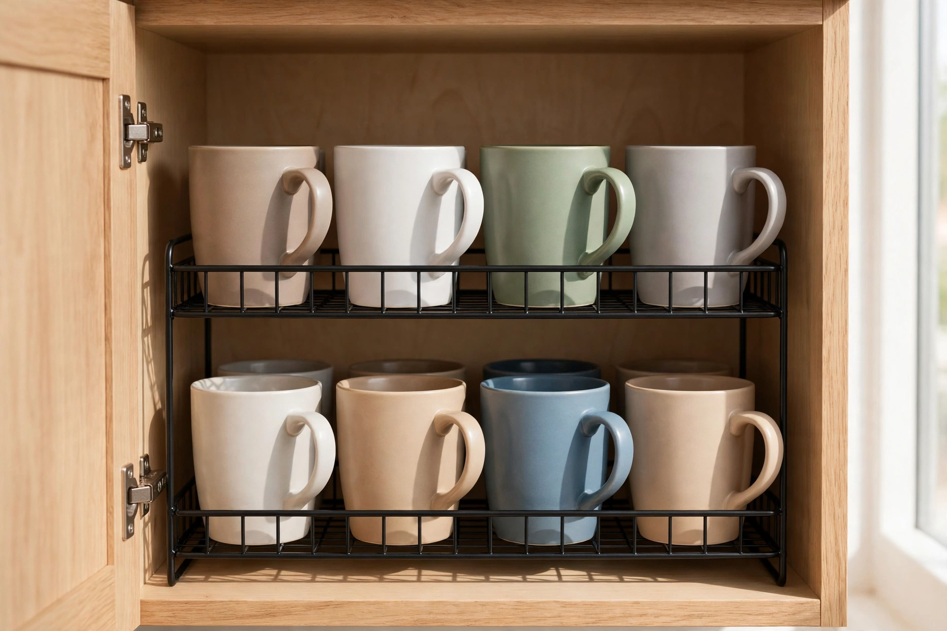 Open kitchen cabinet with two-tier stackable bamboo shelves holding rows of coffee mugs