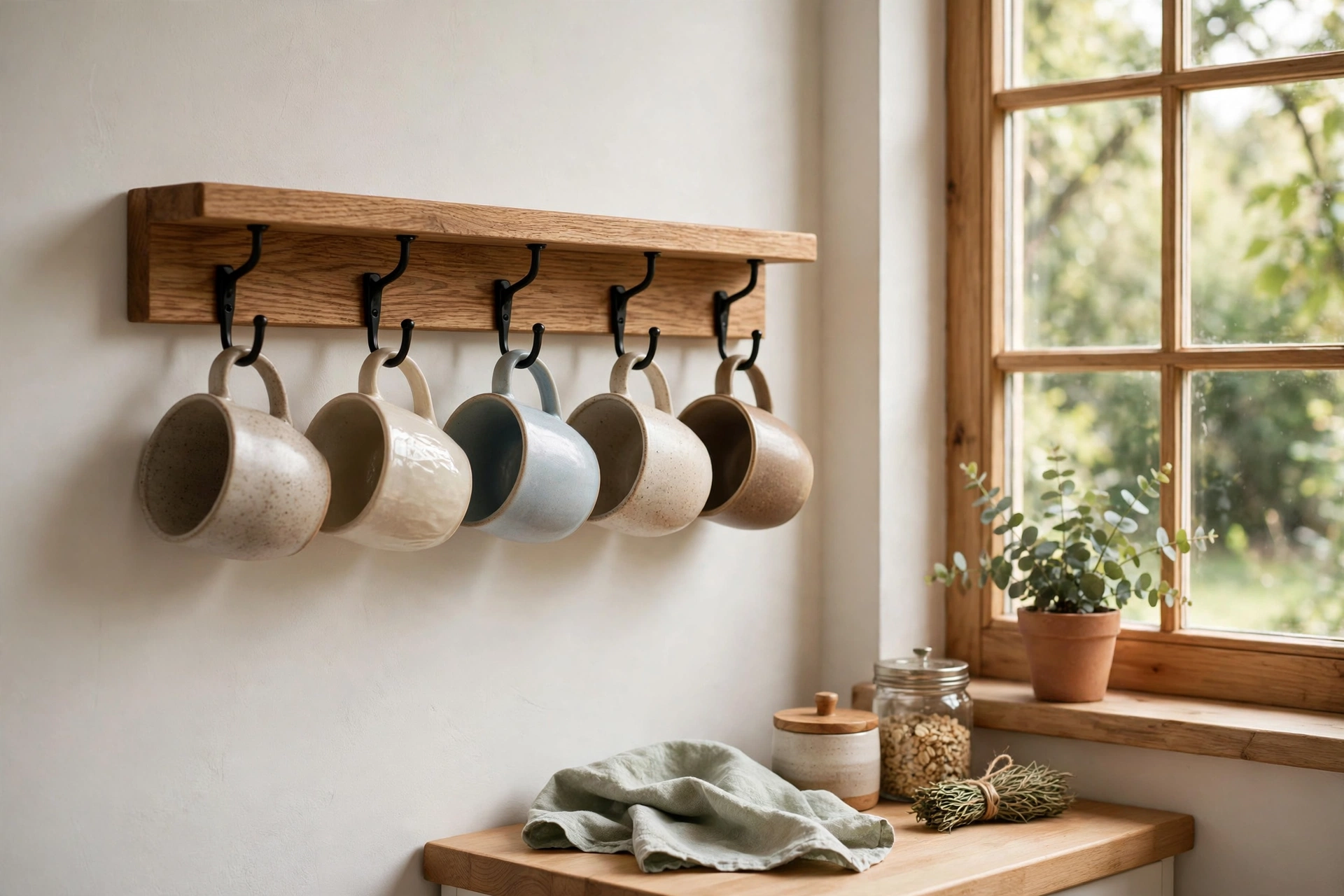Wall-mounted wooden mug rack with metal hooks holding ceramic mugs on a small kitchen wall
