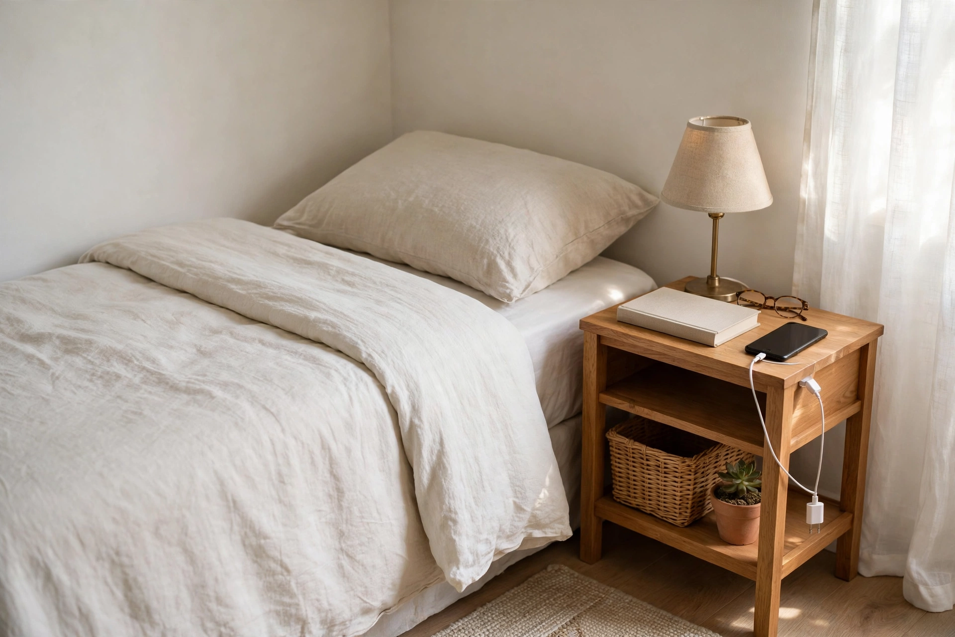 Tidy small bedroom nightstand with lamp, book, glasses and phone charging beside a neatly made bed