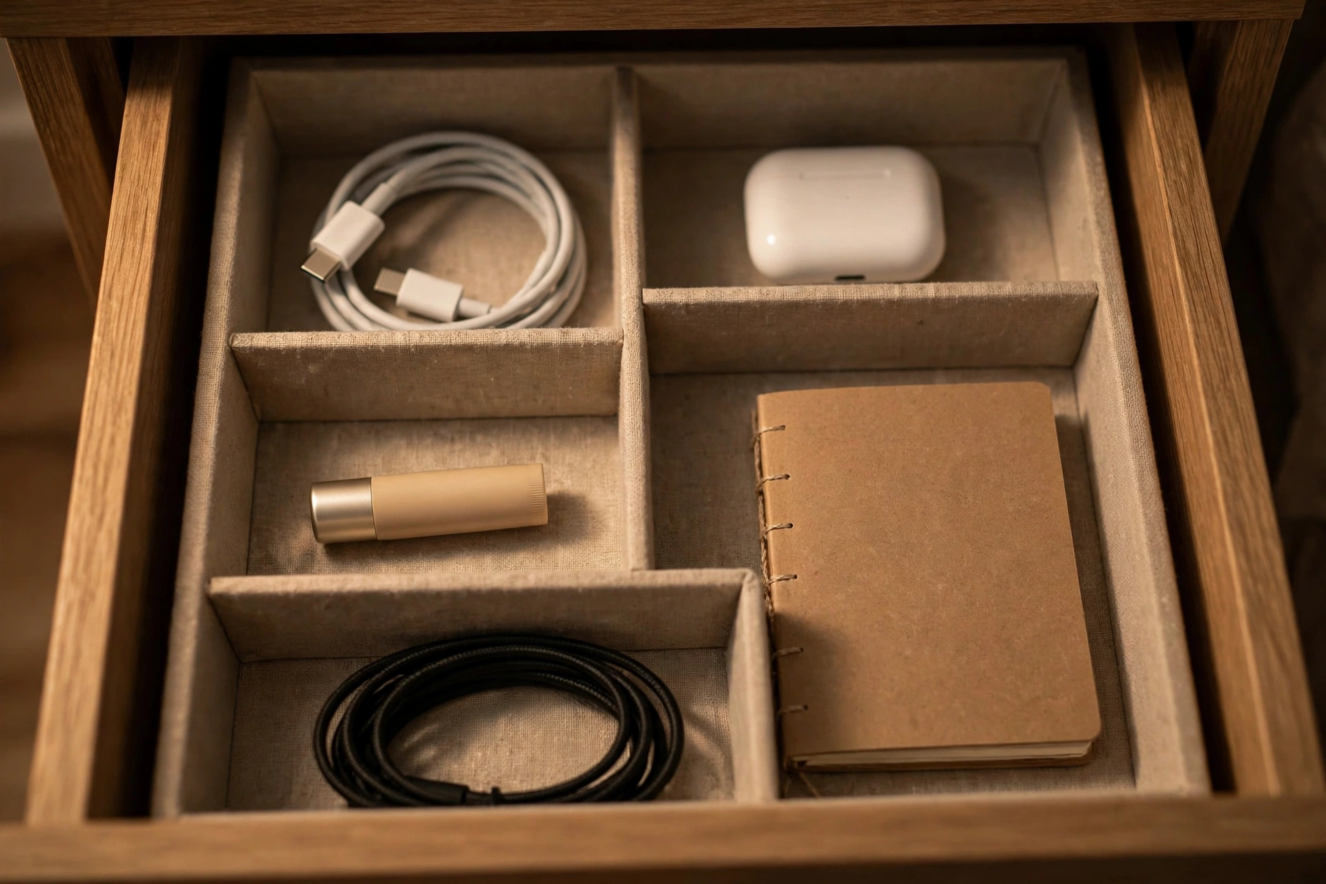 Open nightstand drawer neatly organized with dividers holding a charger cable, earbuds case and small notebook