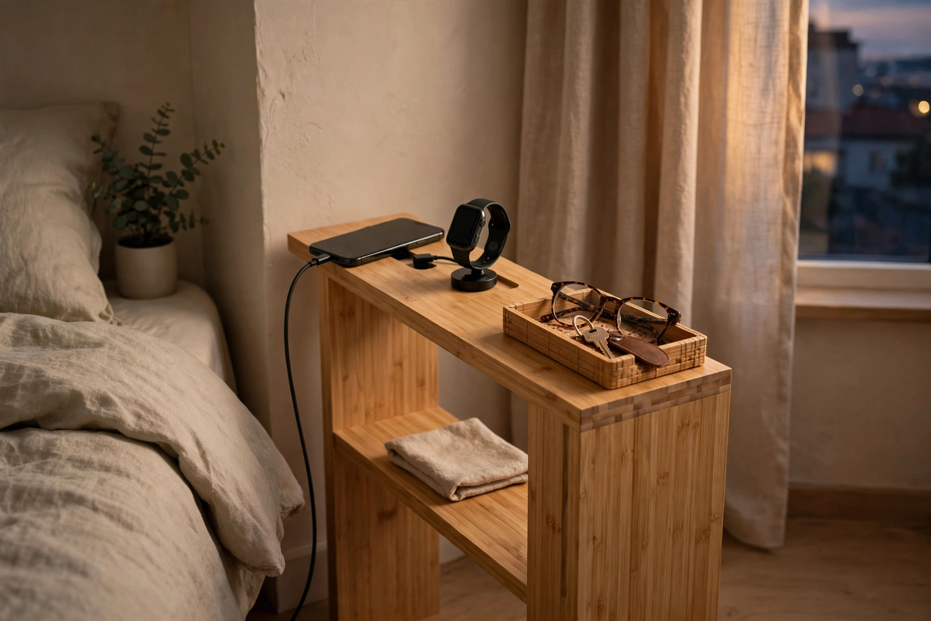 Slim narrow bedside table with built-in charging station and a bamboo docking tray holding glasses and keys