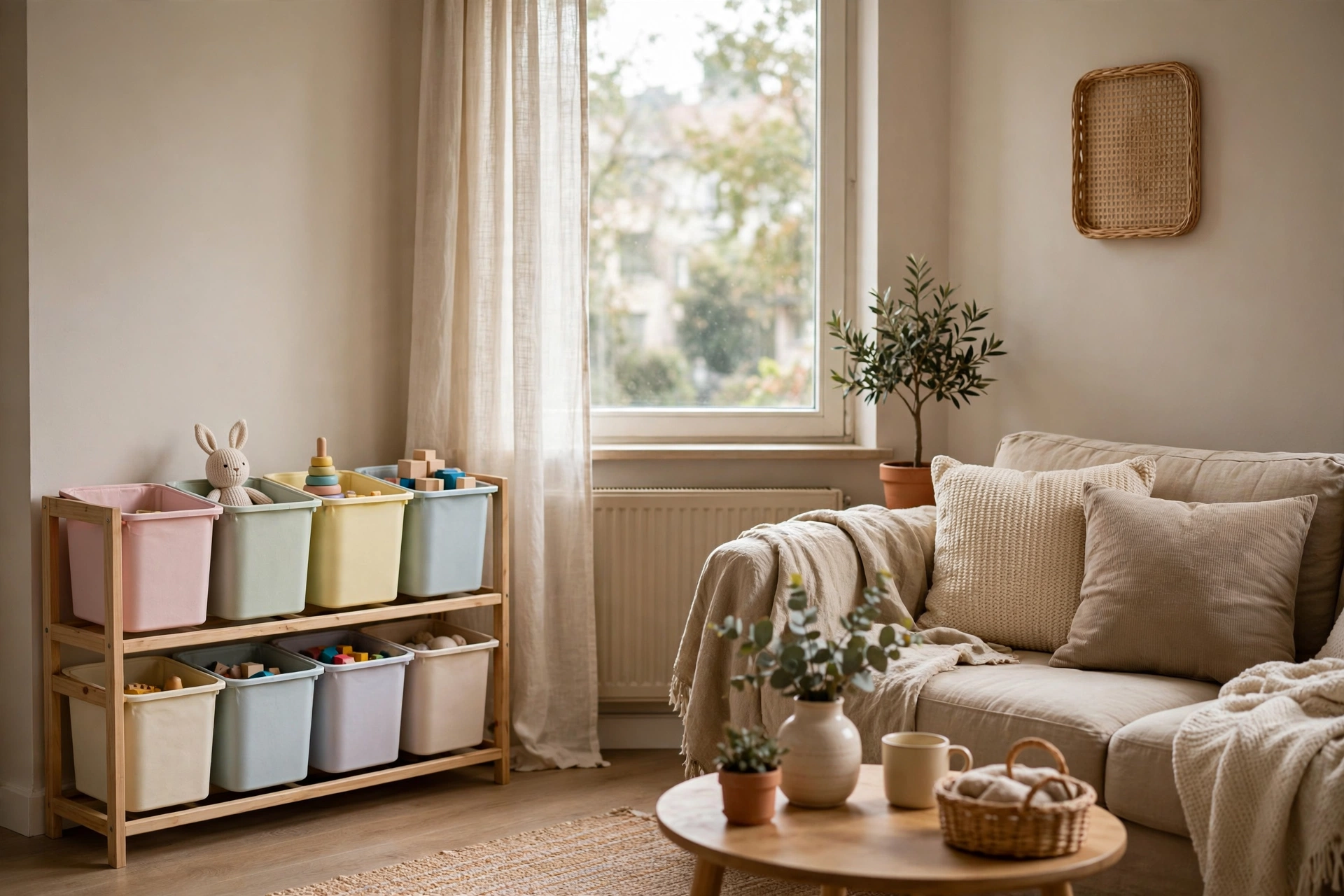 Tidy small living room with a multi-bin toy organizer in the corner, toys neatly stored away