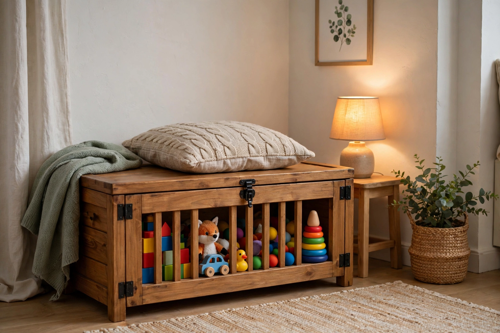 Wooden toy chest bench with cushion in a cozy small living room corner