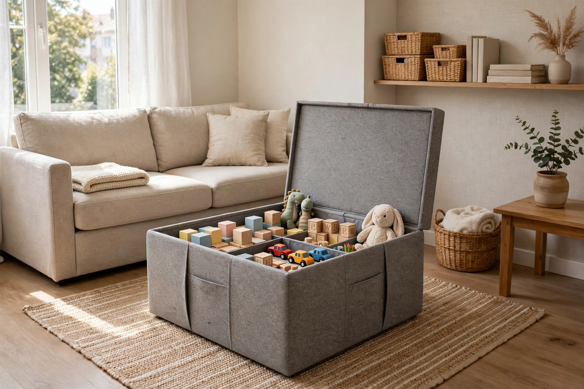 Square fabric storage ottoman in a tidy small living room, toys tucked away inside