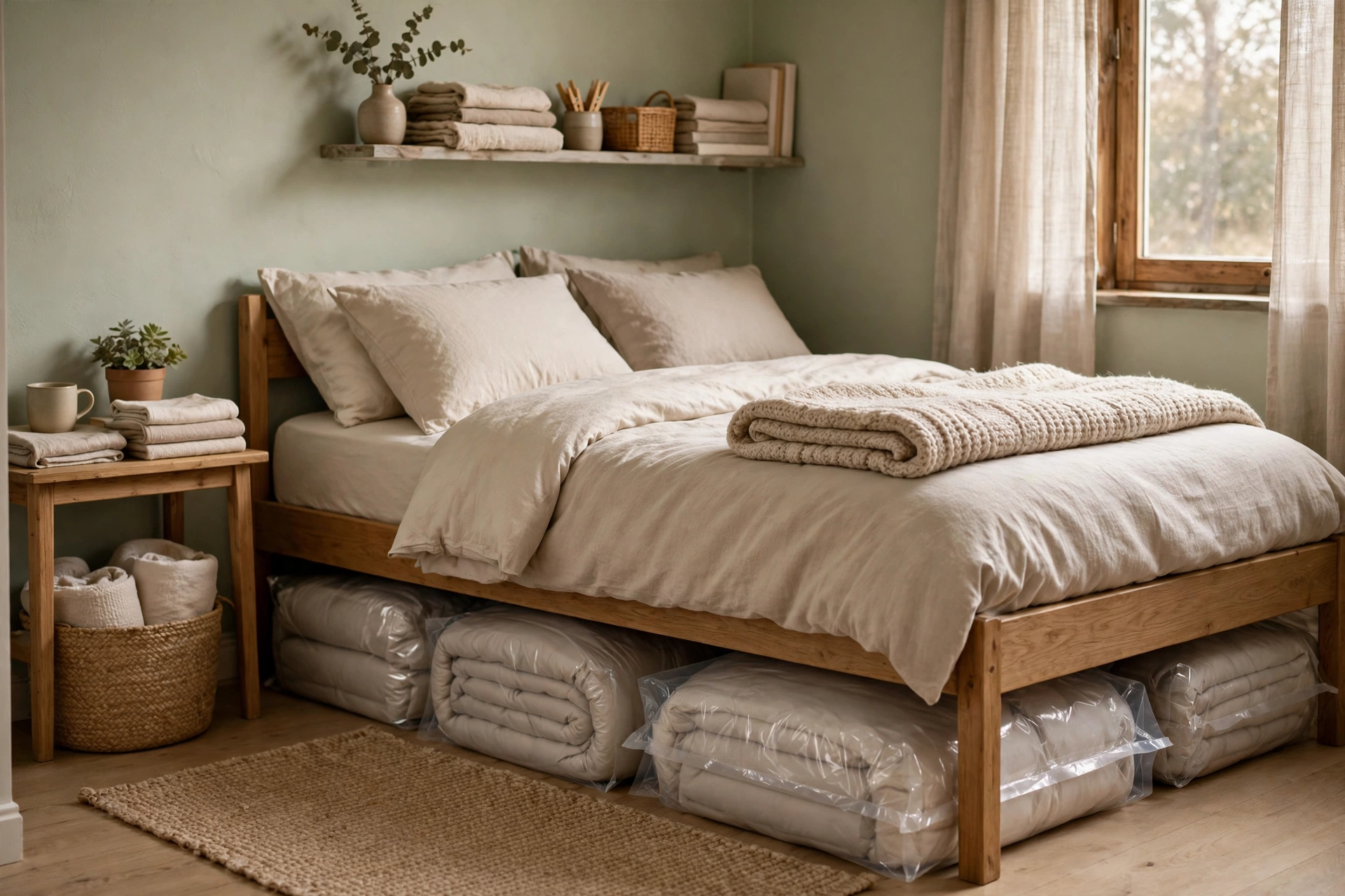 Vacuum storage bags of compressed bedding tucked neatly under the bed in a small cozy bedroom